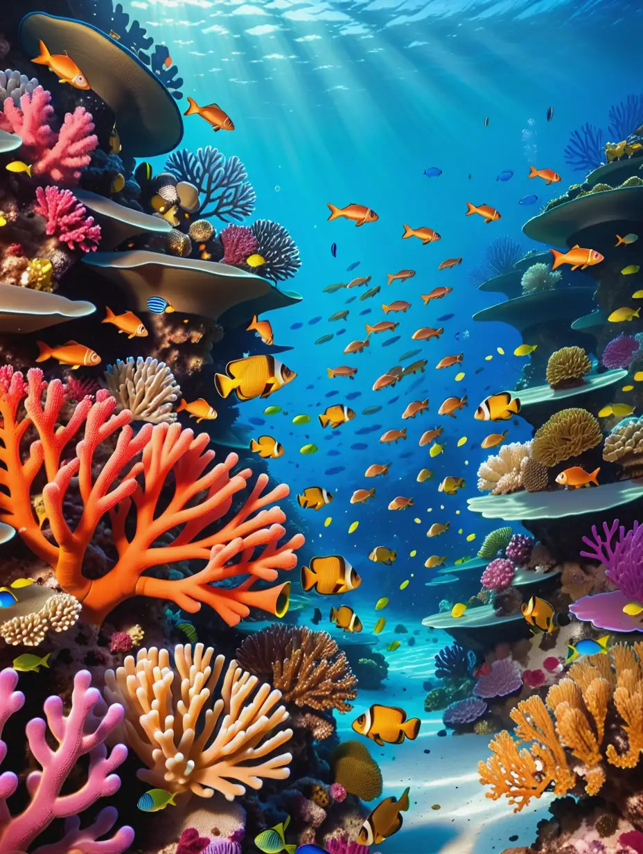 Coral Reef: Vibrant coral reef with schools of fish and hidden seahorses.