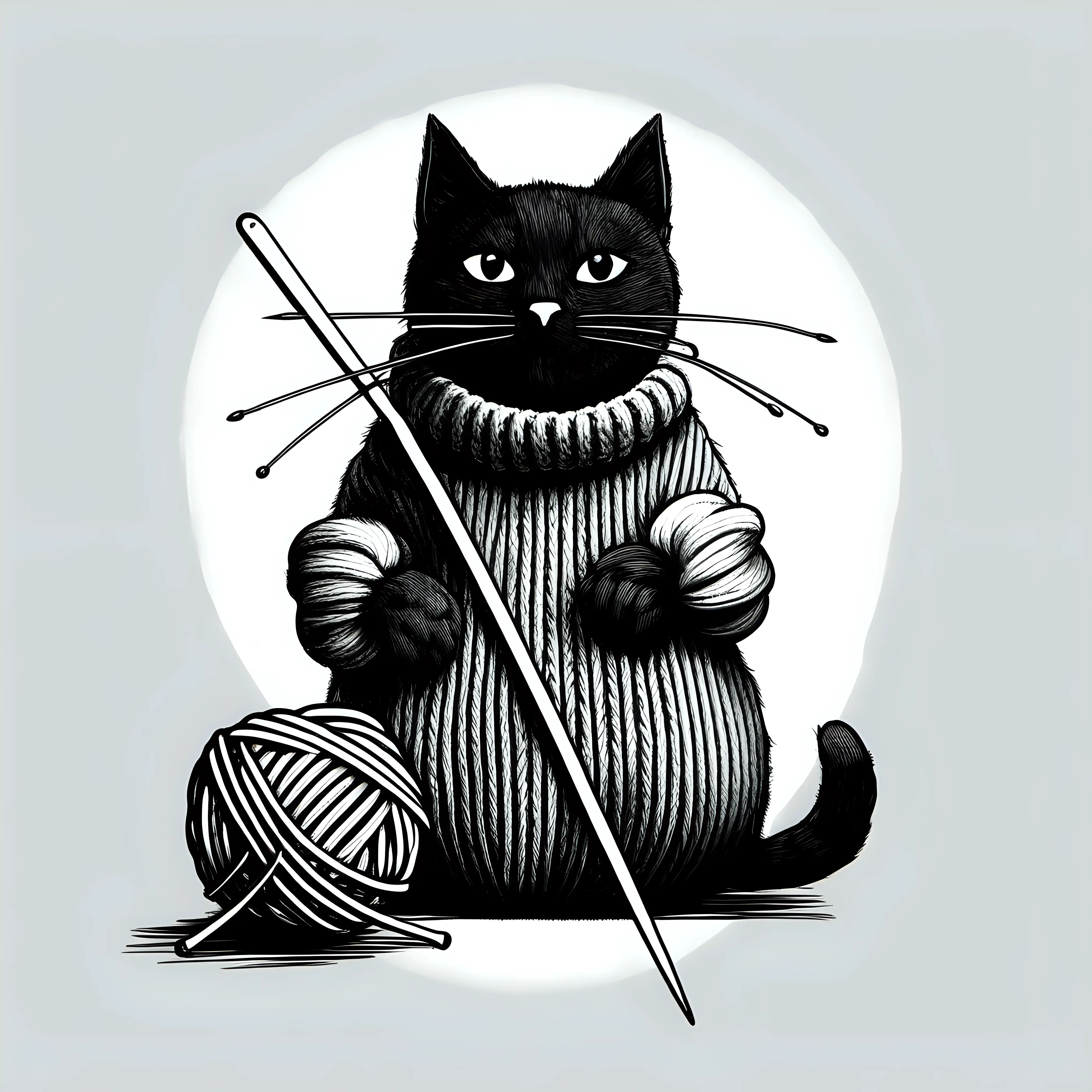 simplistic black and white sketch of a cat with knitting needles