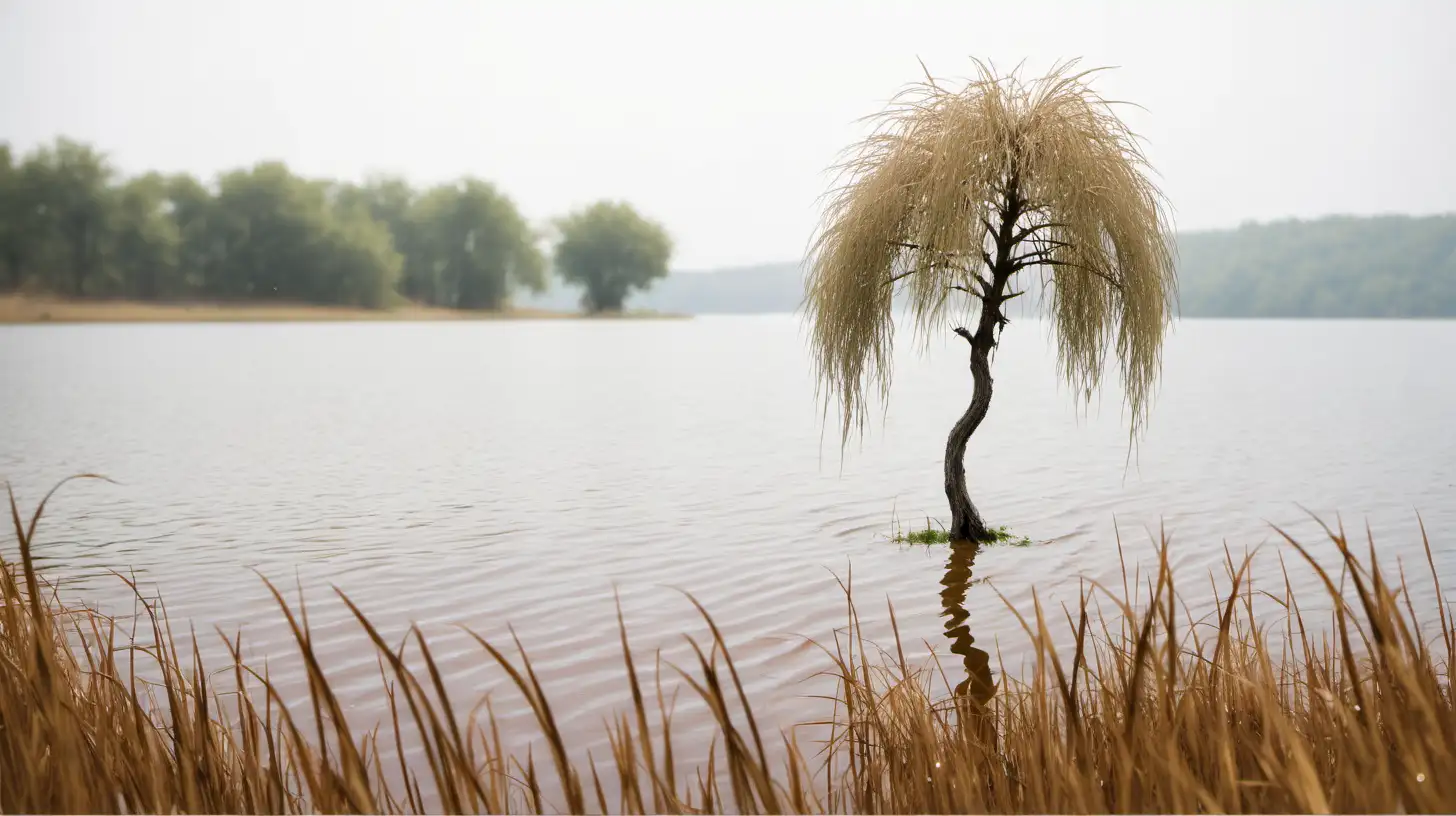 Serene Lake Reflections with Sparse Tree and Grass in Golden Hour