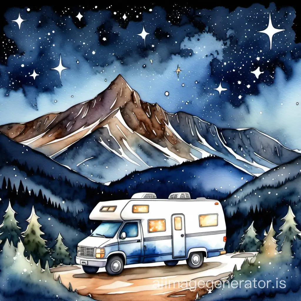 view of a mountain at night with a lot of stars watercolor style with an RV camper van