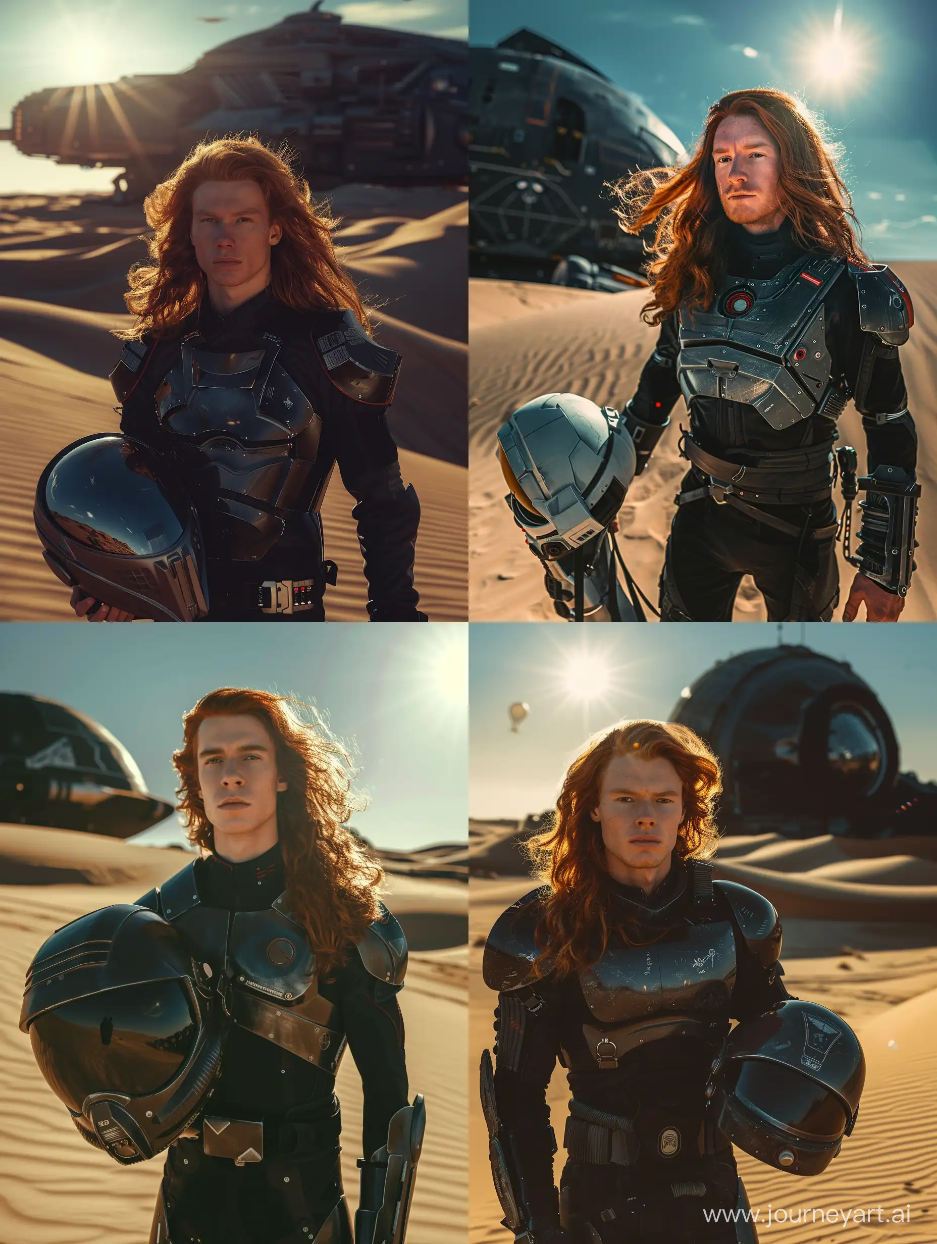 a handsome 20-old-year man in lightweight space protective space armor with a little long red hair in the foreground,
He holds the helmet in his hand,
large dunes,
sand, sun and blue sky,
a big spaceship in background,
beautiful,
sharpness,
romantic,
space fantastic,
photography,
close-up,
hyper detailed,
sharp focus,
studio photo,
intricate details,
highly detailed,
in the style of black and dark silver,
dream-like quality,
pensive poses,
precise detailing,
shine,
saturated colors
