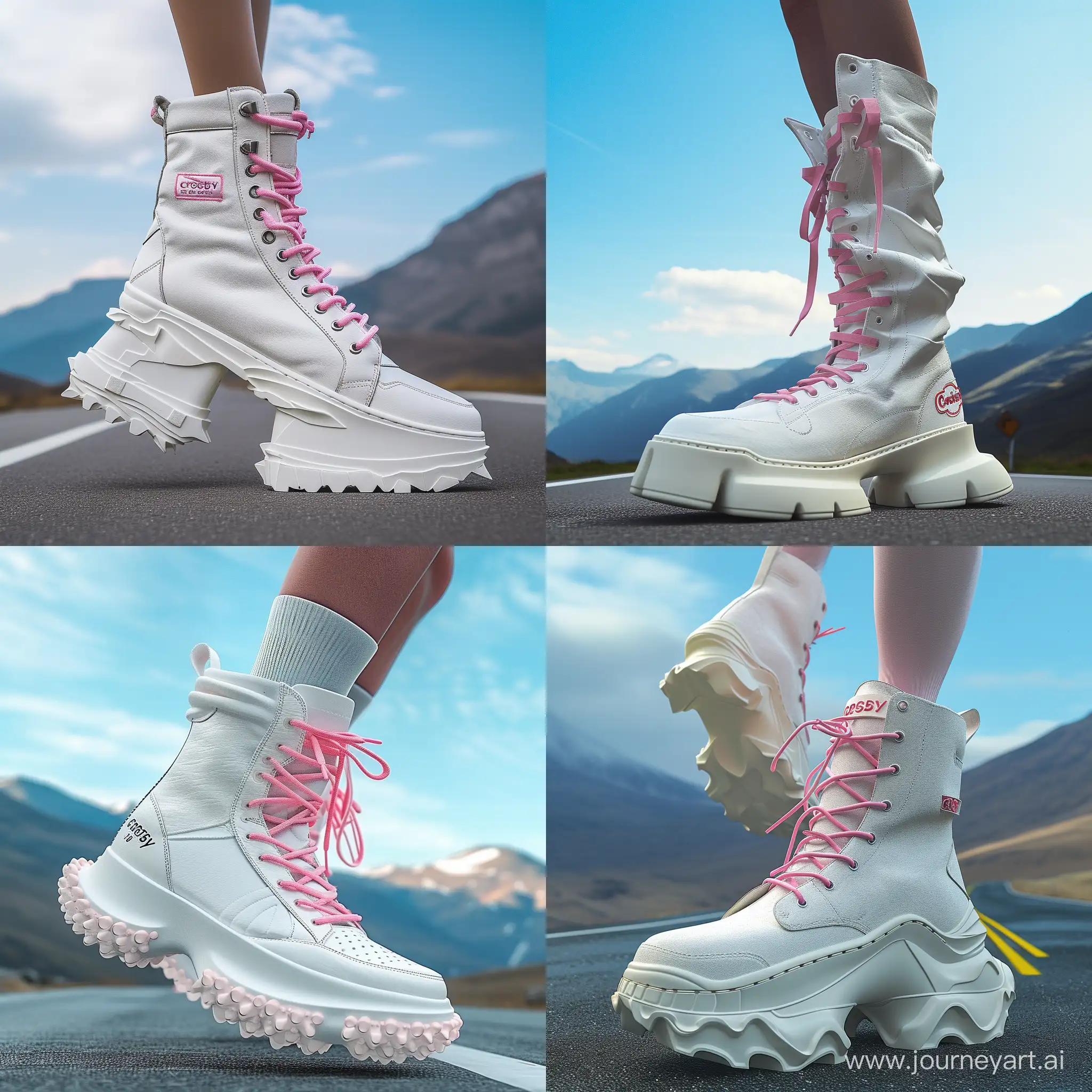 white urban sneakers with massive soles, pink laces, against the background of mountains, hyper-exaggerated, without legs, one in the air, the other standing sideways, on the road, professional photo, crosby logo, beautiful, realistic, high resolution, high detail, realistic, f/19