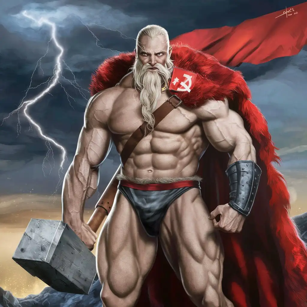 muscle and white bearded warrior dresssing a thong and a fur red cape. grabbing a hammer similar to communist symbol
