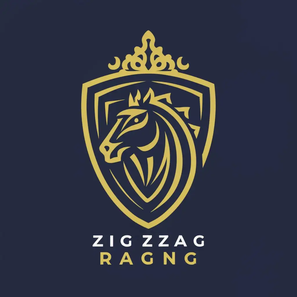 a logo design,with the text 'Zig Zag Racing', main symbol:HORSE RACING INSIDE A SHIELD,complex,clear background