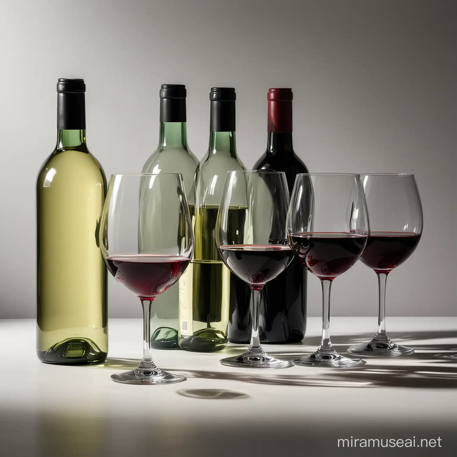 Three Wine Bottles and Glasses with Dramatic Shadows