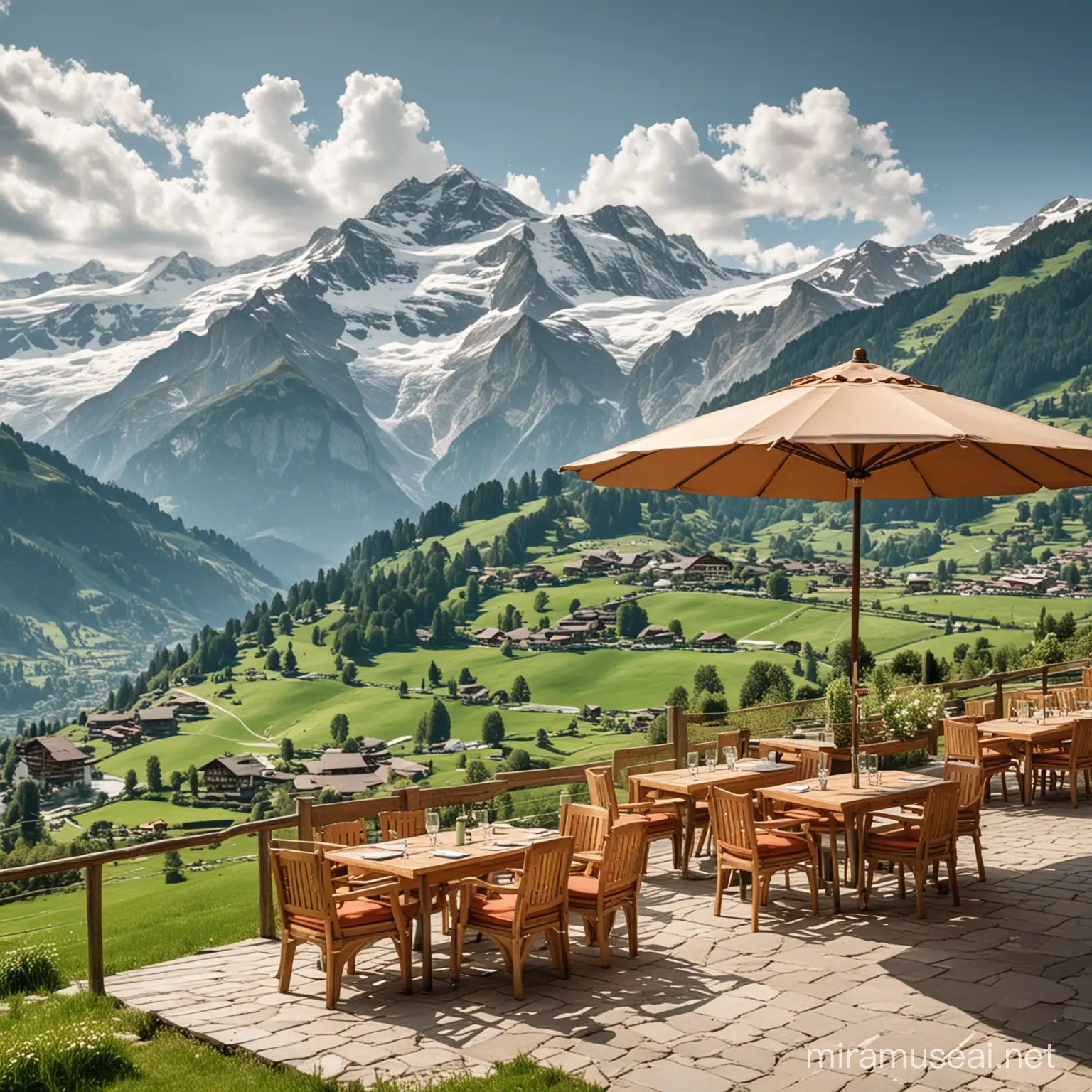 Berglandschaft in der Schweiz mit verschneiten Bergspitzen und grünen Hügel mit Bergrestaurant mit offenem Sonnenschirm im Vordergrund.