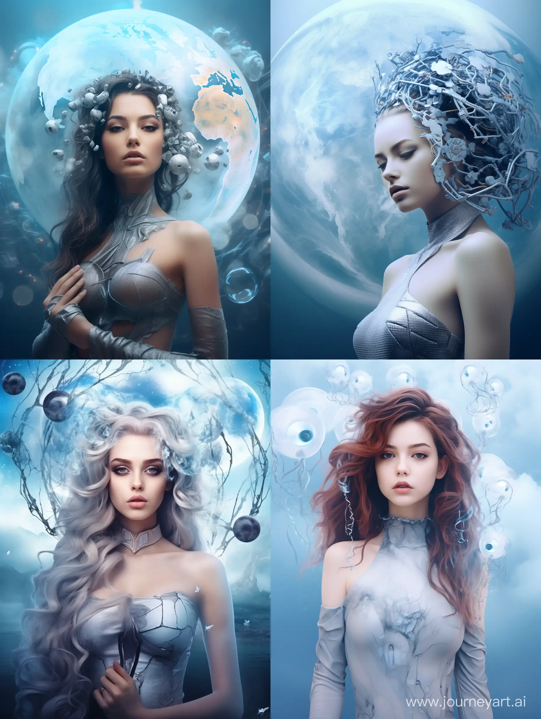 Neural network in the form of a beautiful girl with robot elements, close-up, neurons are generated around the head, fog, haze of bluish color, on the background the globe shrouded in clouds