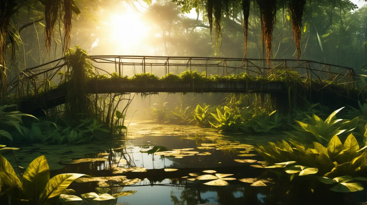 Sunlit Jungle Bridge Overgrown with Lush Garden Plants