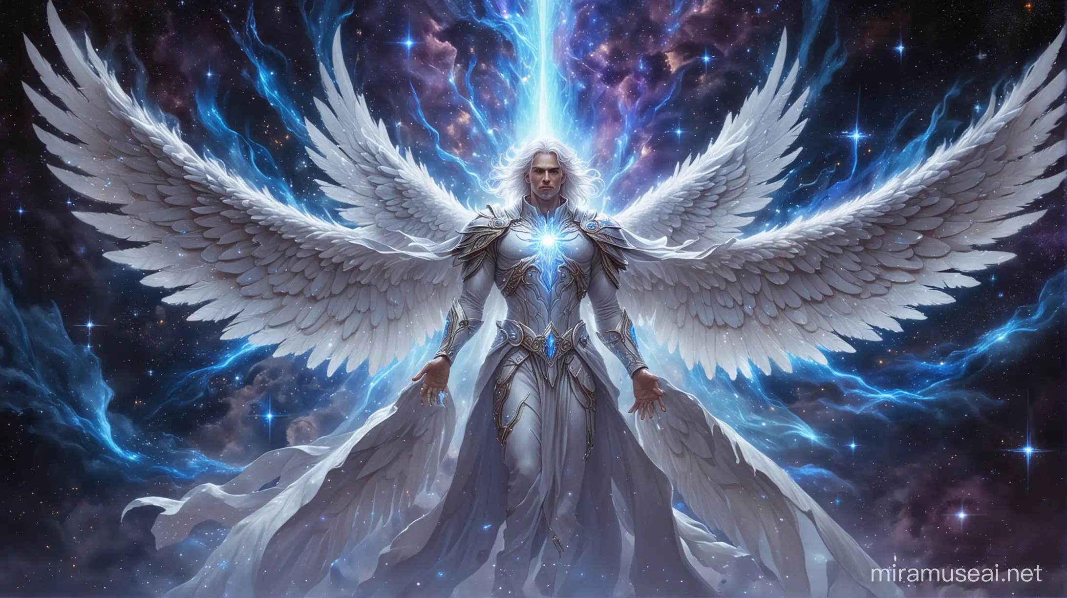 Powerful Guardian Angel with Burning Blue Wings Amidst Celestial Beauty