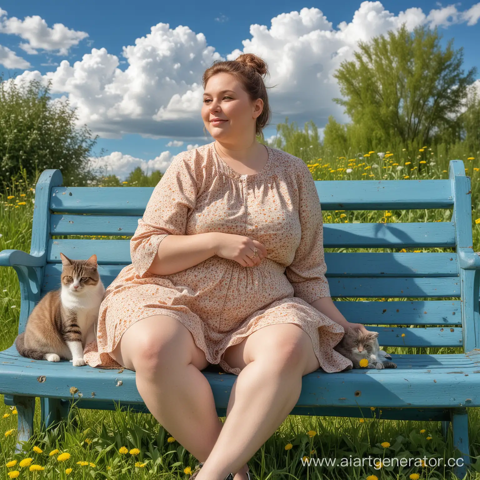 Spring, realistic photo portrait of a slightly overweight lady 35 years old with a hairstyle, sitting on a blue bench, on the green grass with dandelions, playfully purring cat, blue sky, white clouds,