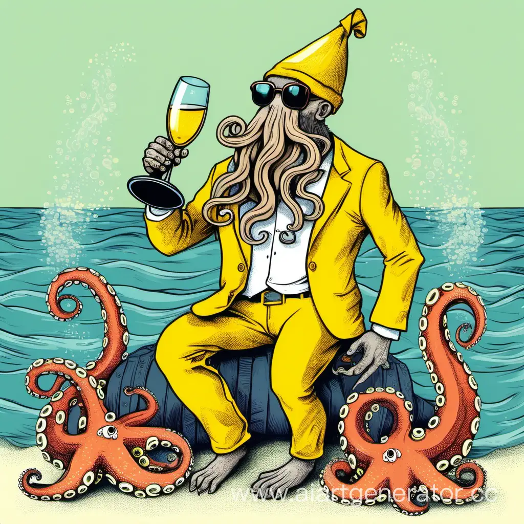 Бородатый осьминог в жёлтых штанах пьет шампанское