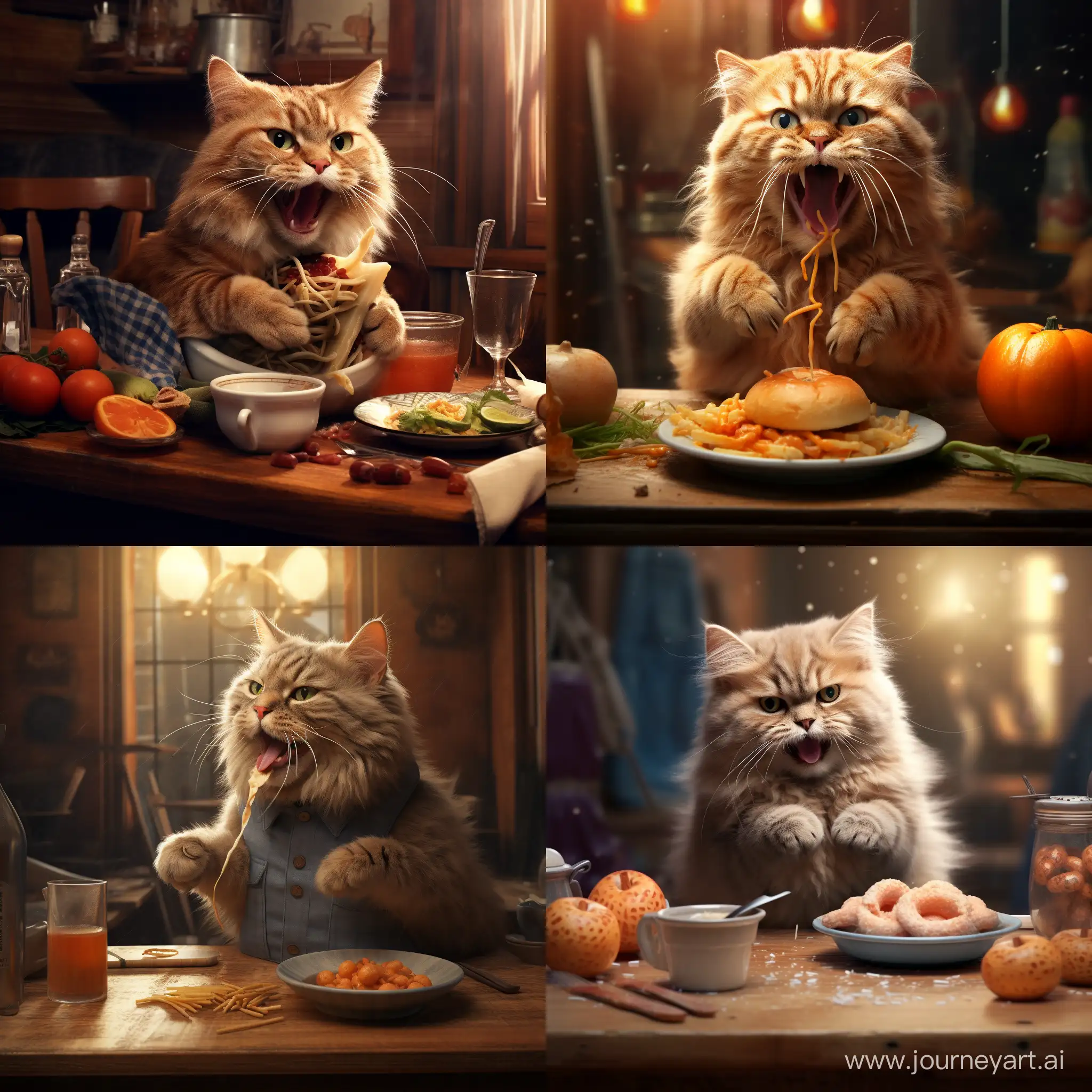 Cat eating tasty food and licking lips. Must be photorealistic and there must be bon appetit text.