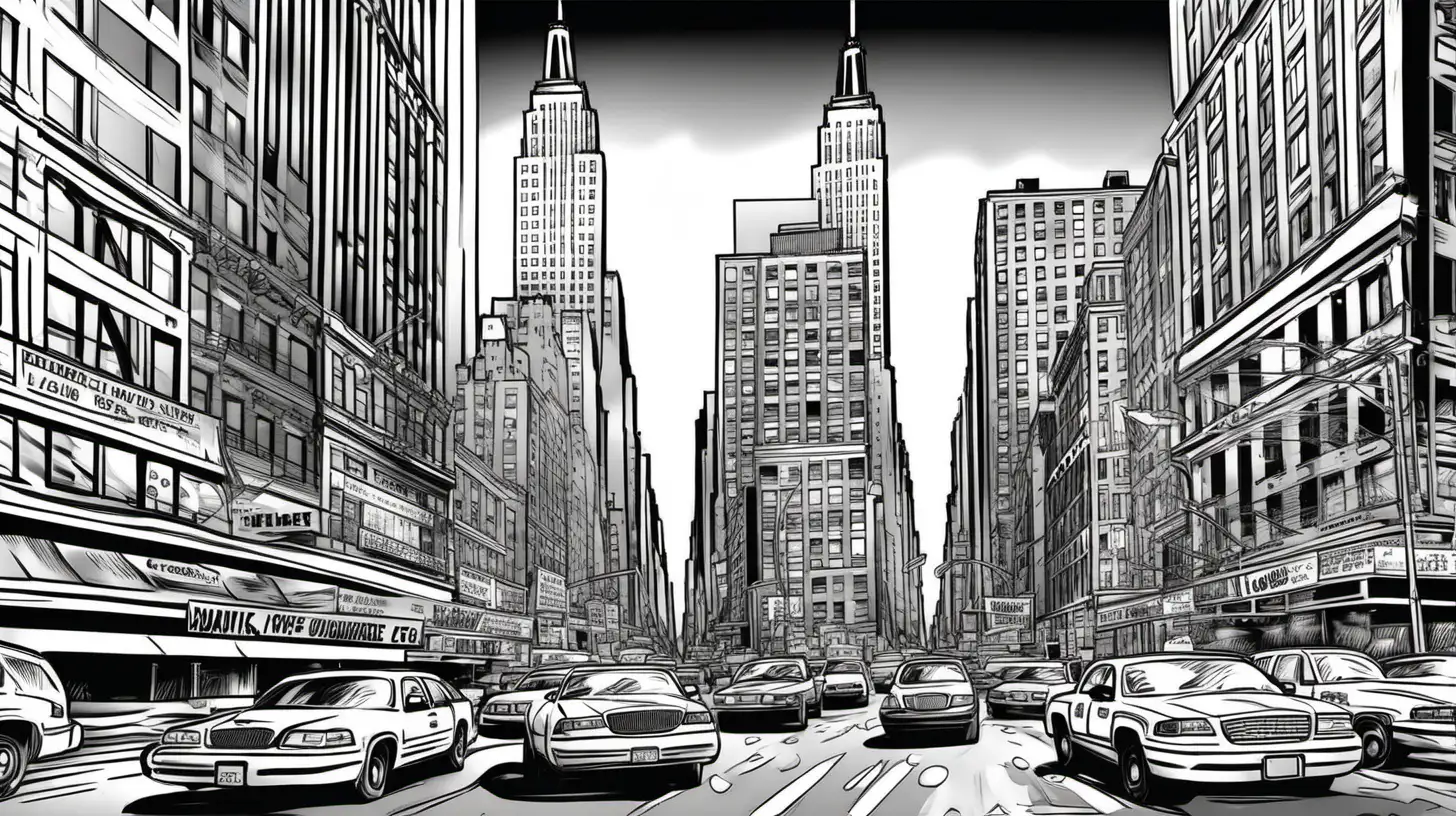 Нарисуй Нью-йорк в черно-белом цвете в стиле комиксов