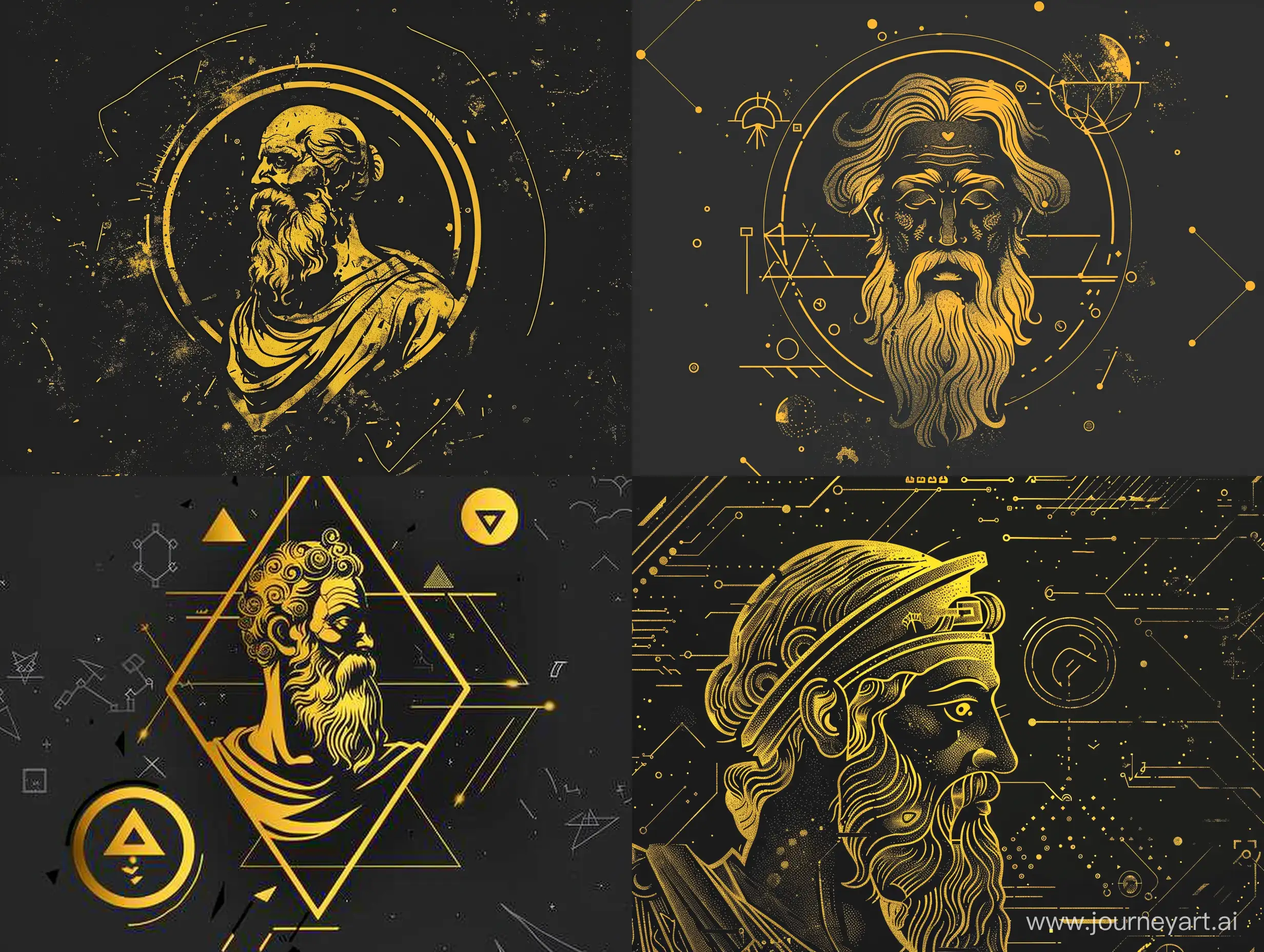 Create a rebellious atmosphere for the cover design by using a black background with a golden or yellow depiction of an ancient Greek philosopher like Heraclitus. Incorporate an impactful symbol or pattern instead of text. This symbol or pattern could be, for example, a depiction of Heraclitus or another ancient Greek philosopher. Ensure the overall look of the design resembles an Instagram post.