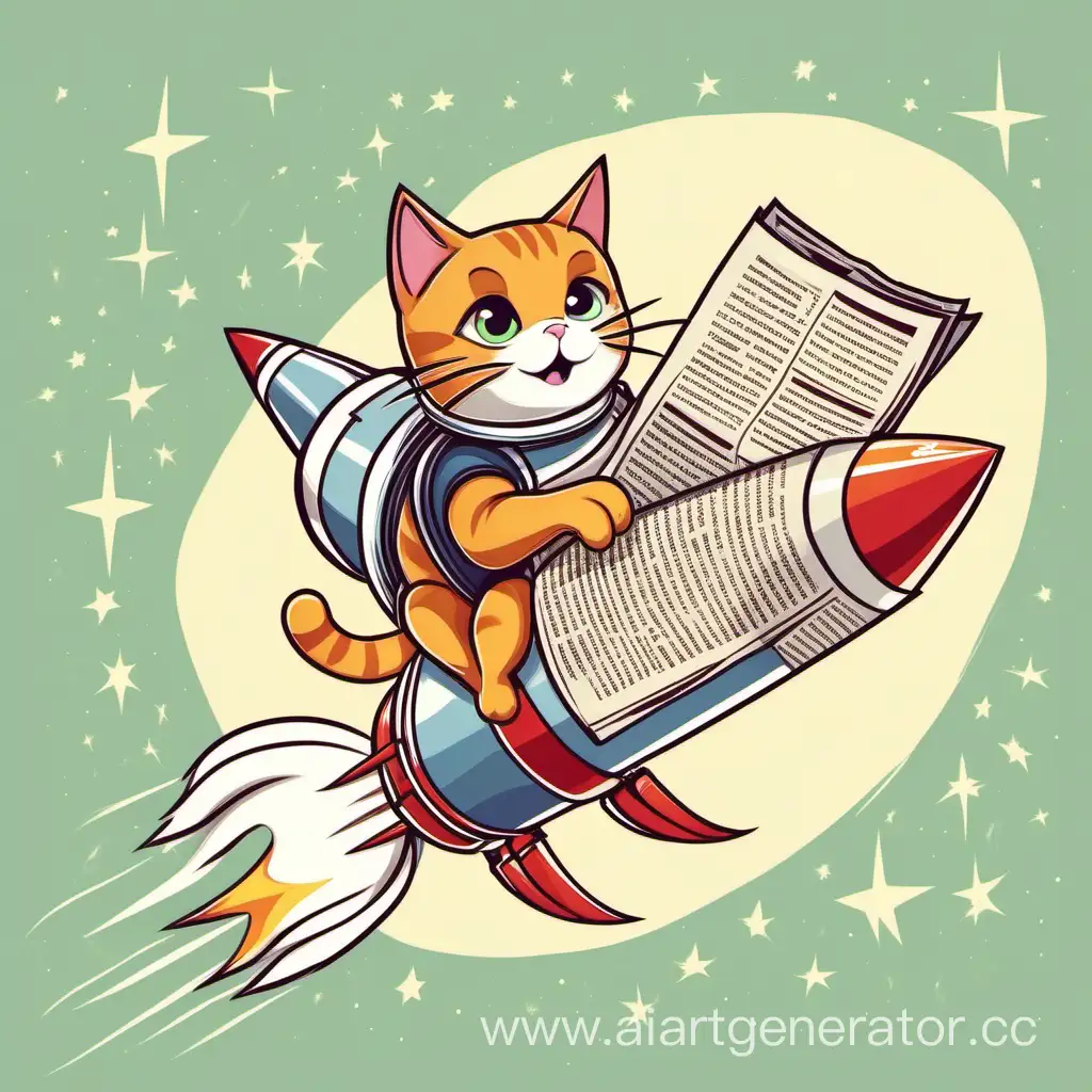 Adventurous-Cat-Soars-on-Rocket-with-Newspaper-in-Paws