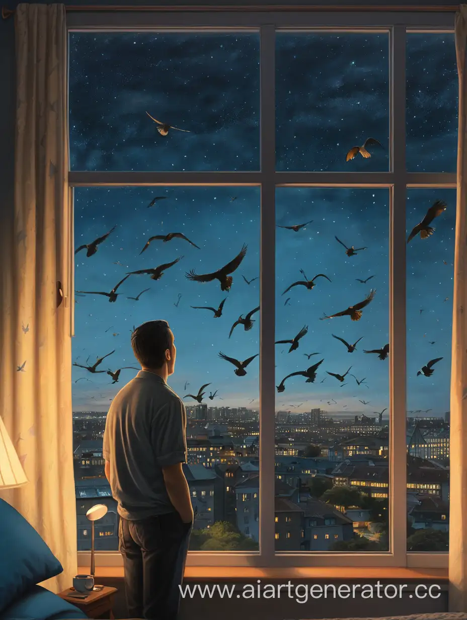 Мужчина ночью смотрит в окно там летят птицы
