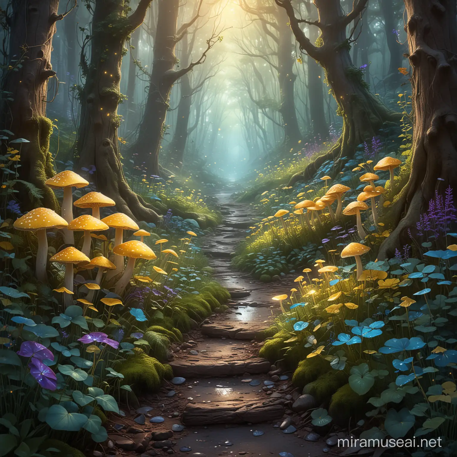 Create an enchanting digital painting of a hidden path that winds through an ancient forest, illuminated by glowing mushrooms and faint, ethereal light  filtering through dense foliage, and fairies in different lighted colors of yellow, blue, green, purple flittering around leading to a secret garden unseen by the outside world."
