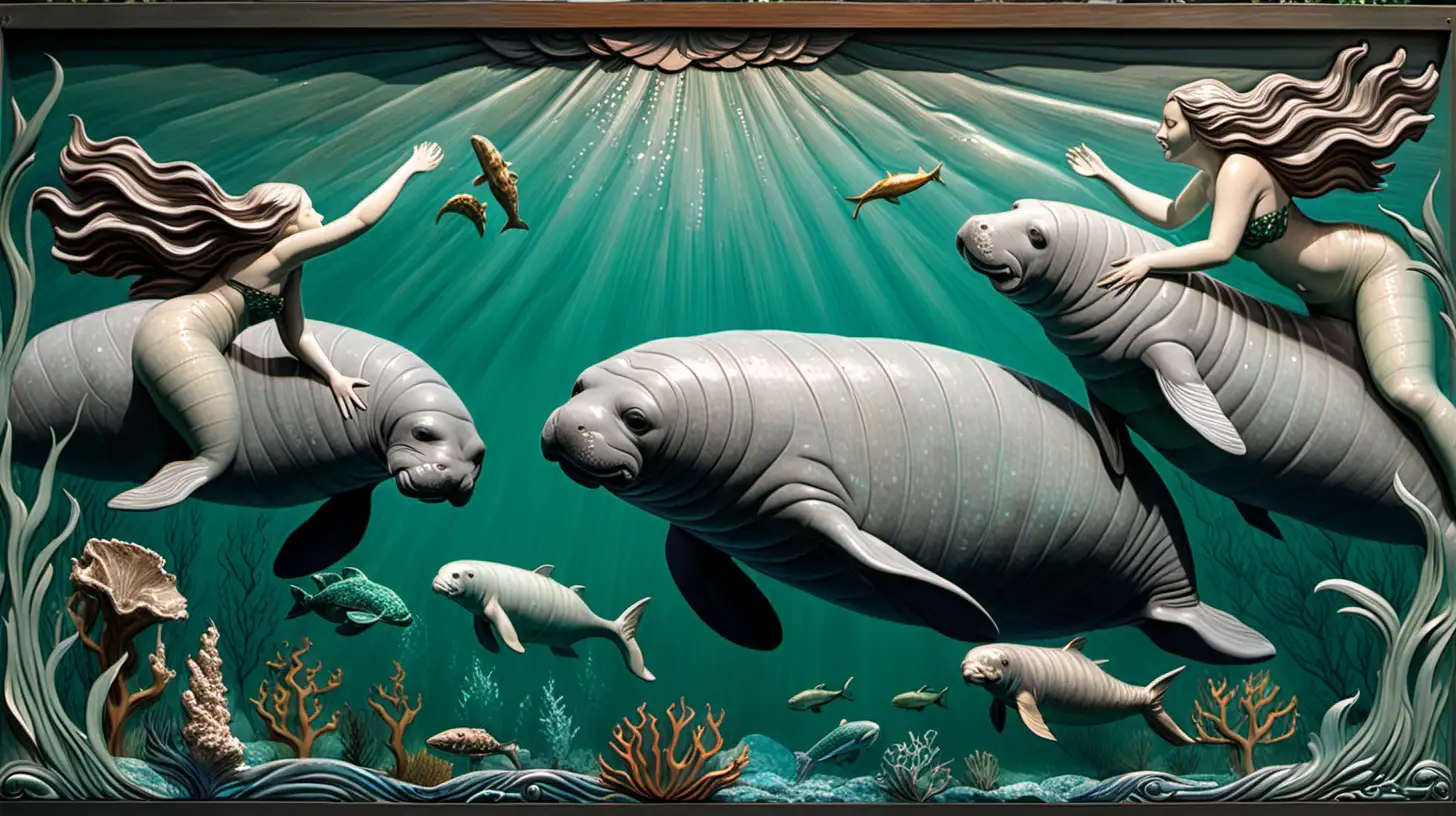 Bass relief of manatee swimming with mermaids