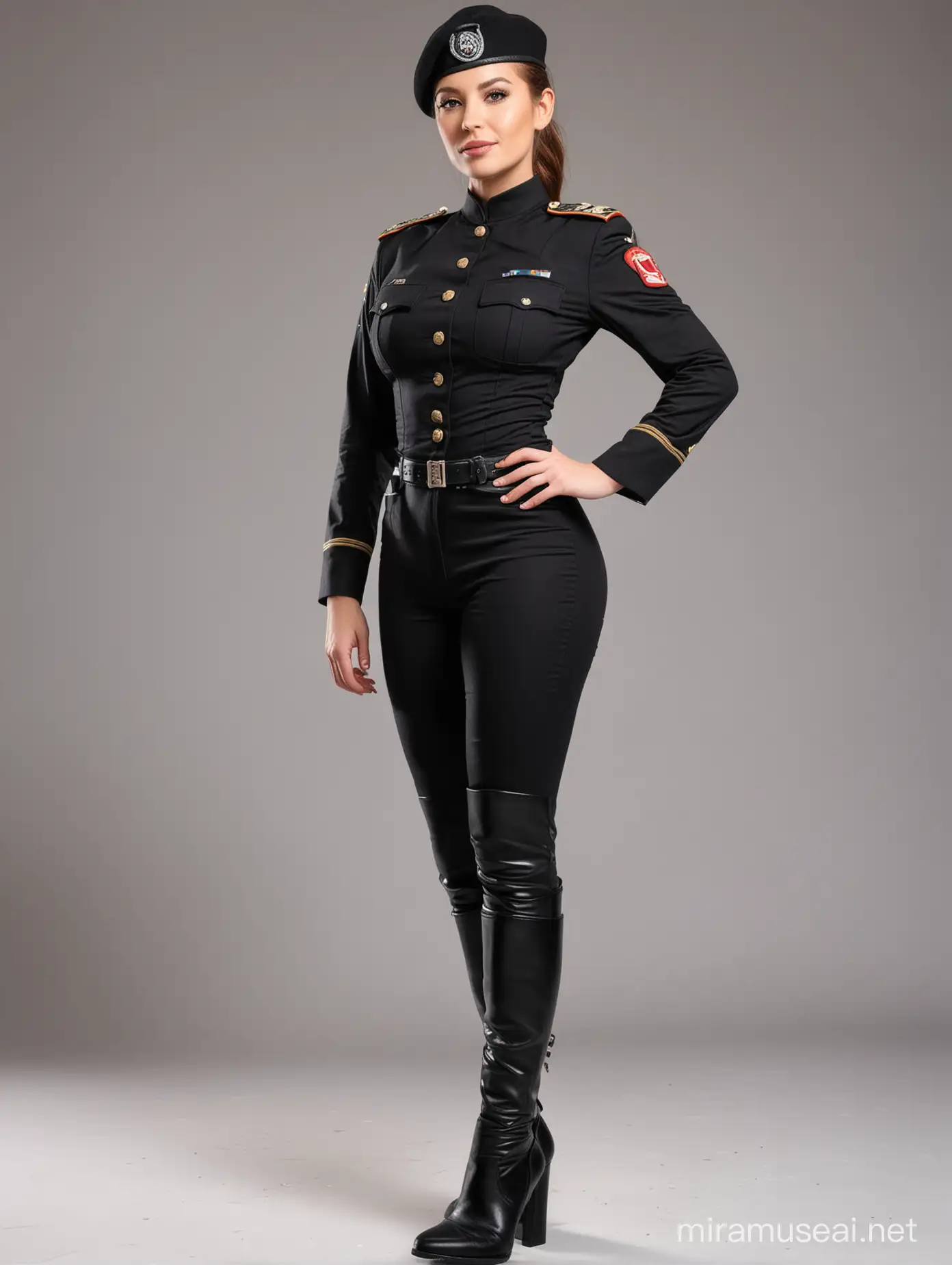 woman 30 years in BLACK MILITARY uniform, fit BODY,  STANDING FULL BODY FROM HEAD TO TOE big breast LONG LEGS LONG BOOTS