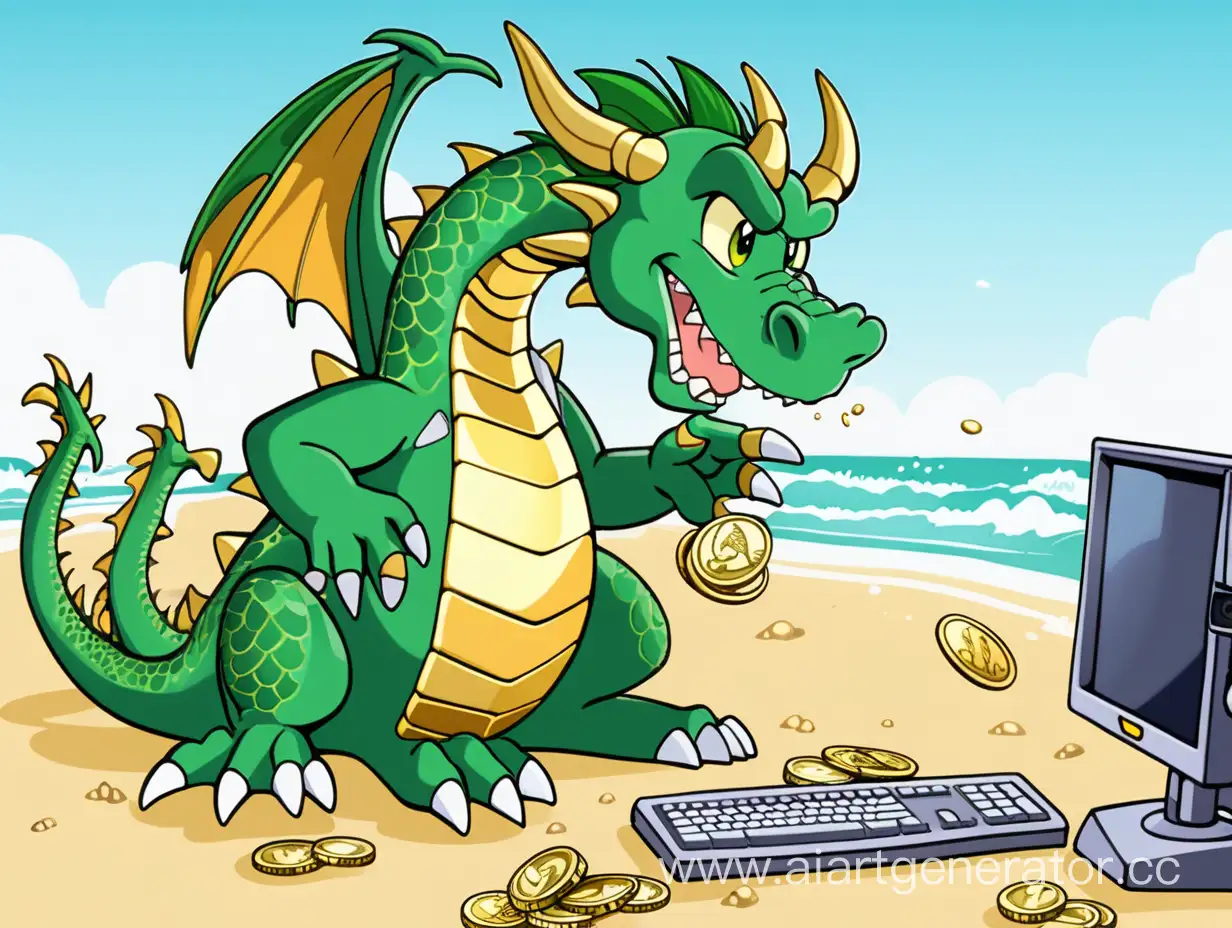 Добрый зеленый дракон с помощью компьютера добывает золото,  на пляже, анимационный стиль, много золота, доллары,
он радуется