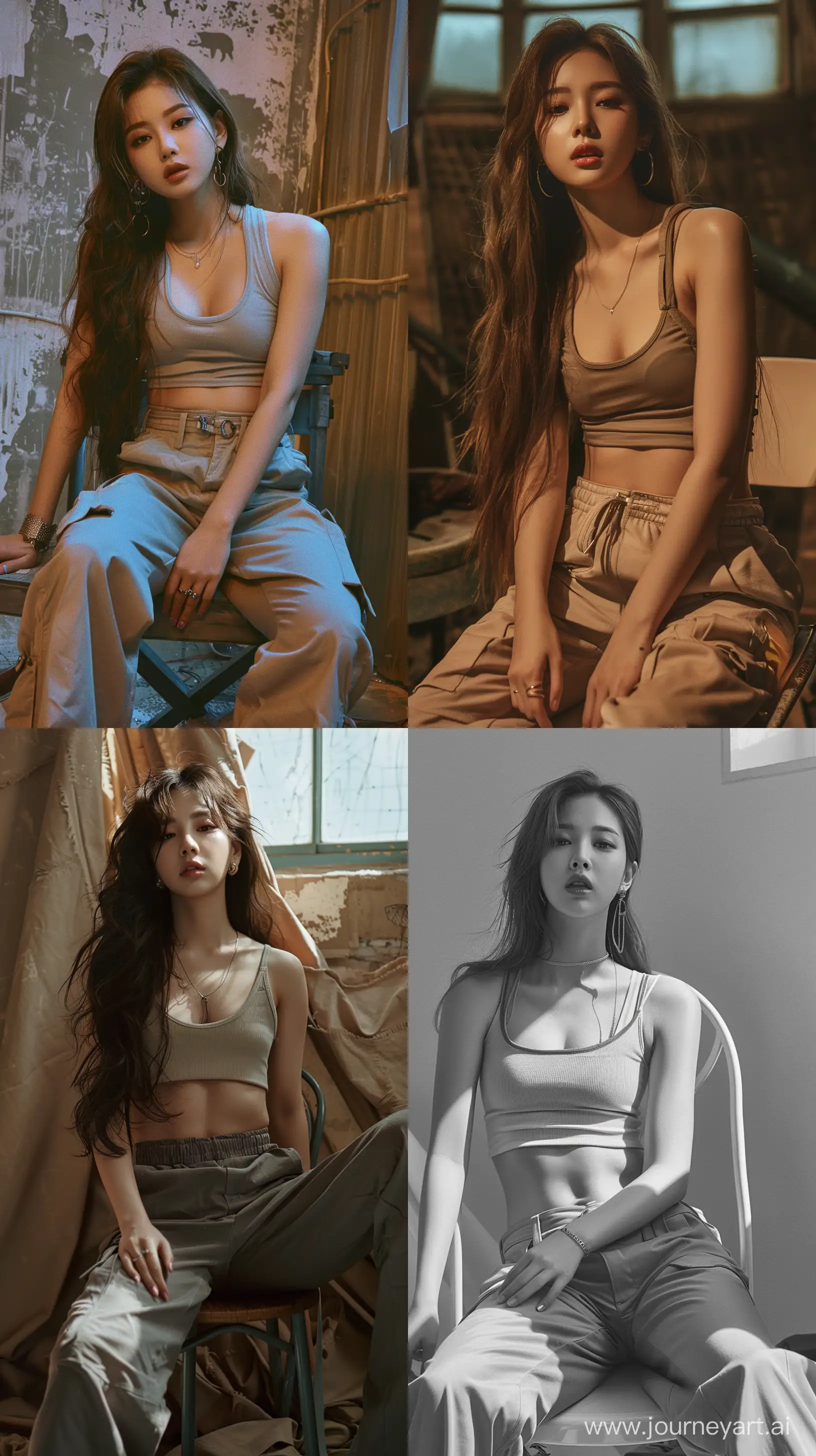 High resolution fashion photo of jennie blackpink's full body shot, wearing sport tanktops and oversize baggie pants sit on chair,nature studio set, super casual, in the style of jennie, mysterious nocturnal scenes,fuji film, album covers, flickr --ar 9:16 --style raw --stylize 250 --v 6