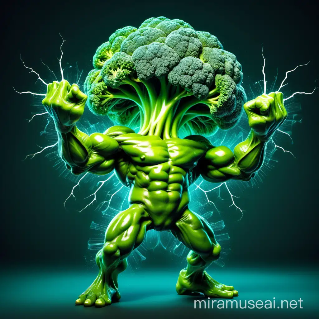 A brocolli with strong arms injecting a fluorescent fluid into his veins