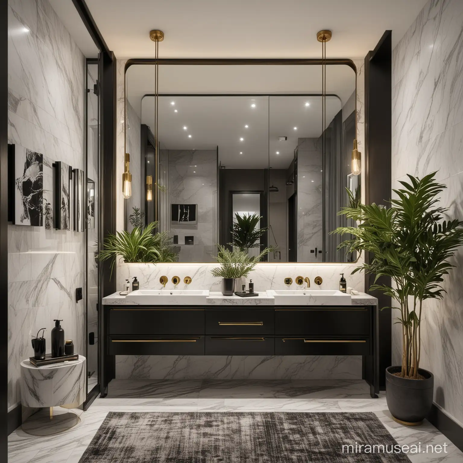 Modern Black and Brass Bathroom with Art and Plants