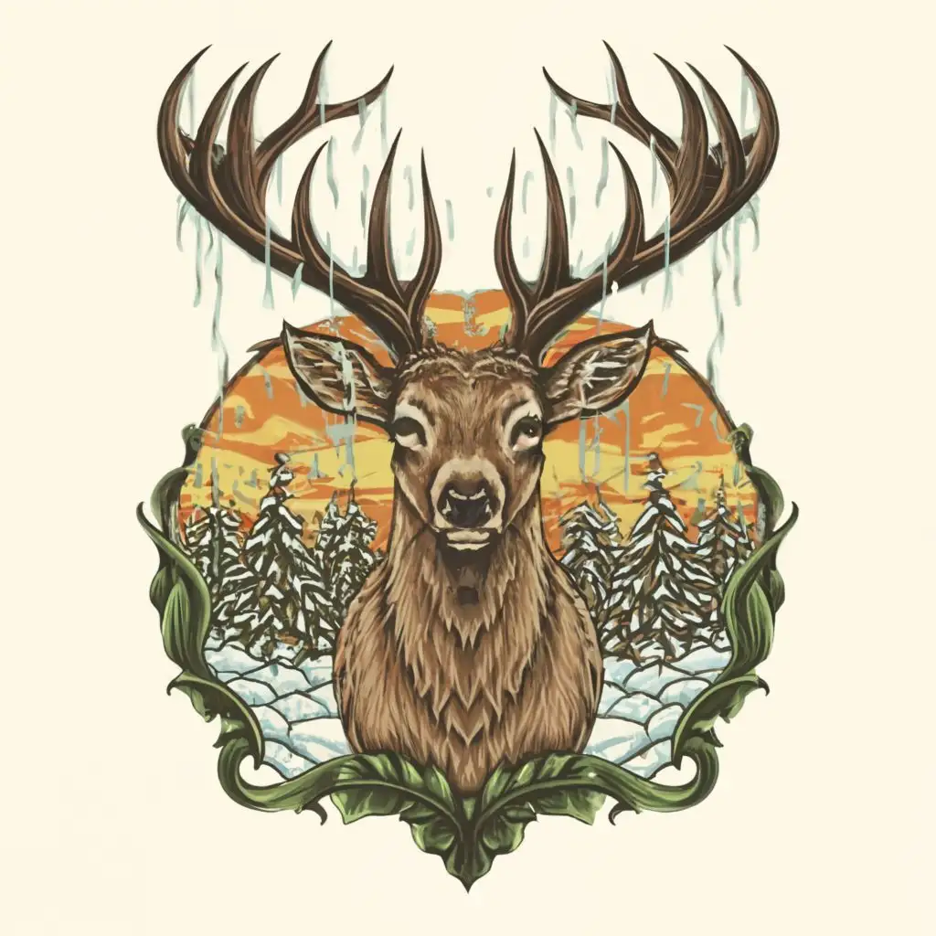 logo, logo t-shirt design, full body view of a deer in a beautiful forest covered in snow, full image color fill, ultra detailed, no words, ultra Detailed, white background, contour, ultra sharp narrow outlined image, ultra detailed, no jagged edges, bright detailed vibrant colors, no watermark, copyright free, with the text ".", typography