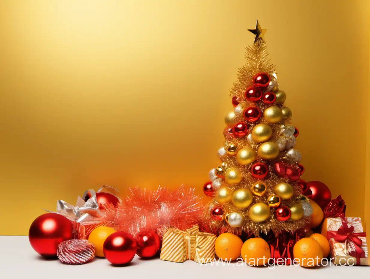Новогодняя елка желтый фон  золотистая  и красная мишура мандарины конфеты
