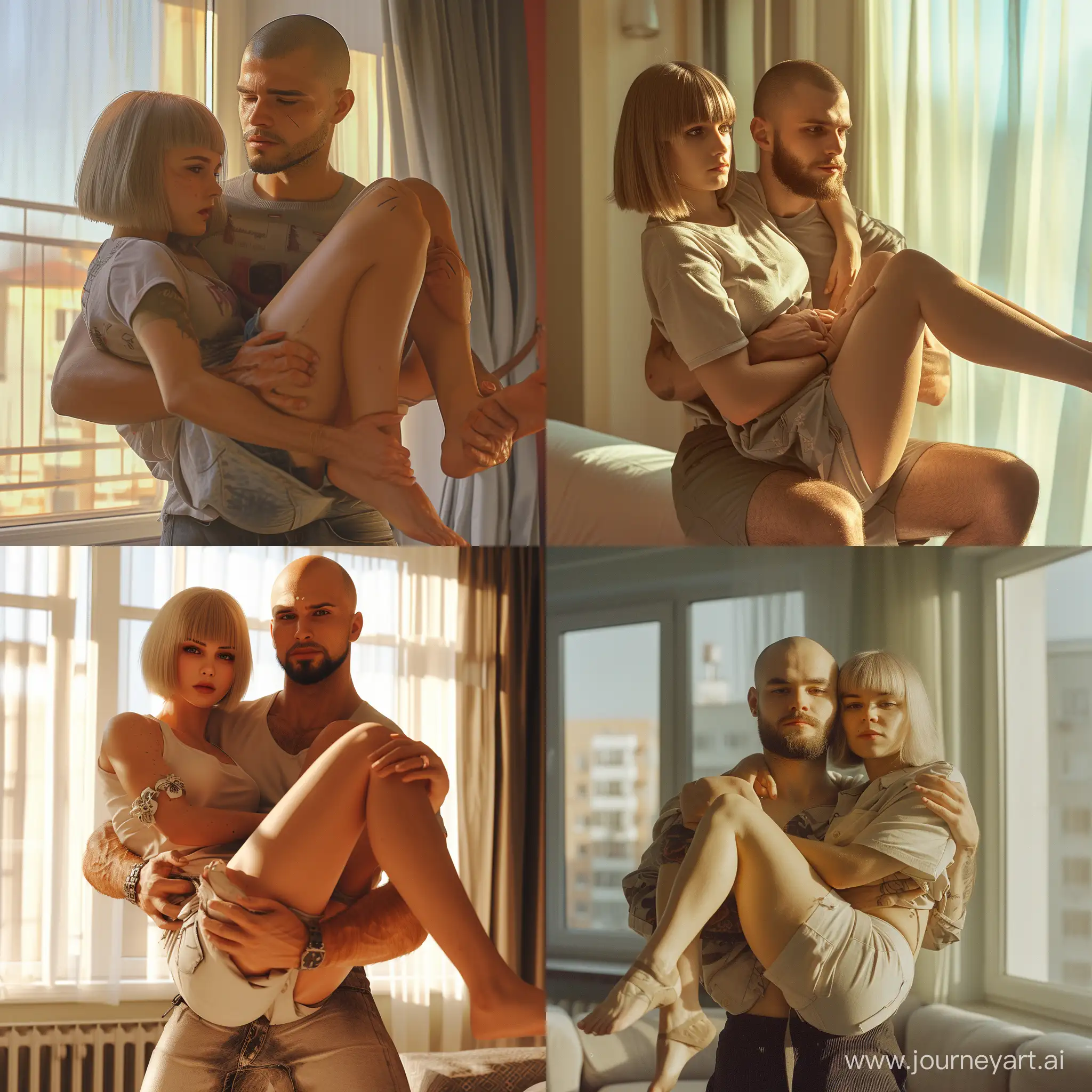 Passionate-Embrace-Bald-Young-Man-Holds-Girl-with-Bob-Haircut-in-Sunny-Apartment-Morning