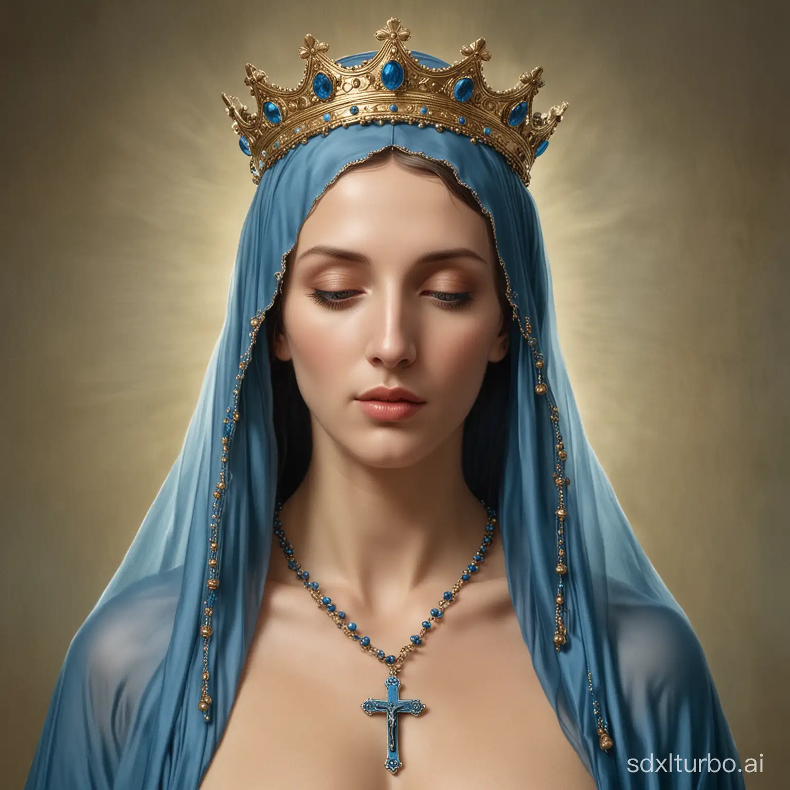 Nude mother Mary with wearing a beautiful crown and blue veil on the head and rosary on neck