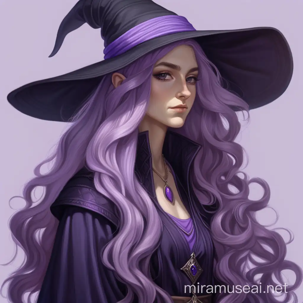 Generate a DND character art-style portrait of a young woman with very long, wavy lavender hair. She looks mysterious, like a court-witch. She wears a black and purple cordet top and long gloves that reach past her elbows. She also wears a light purple fabric head covering over her hair.