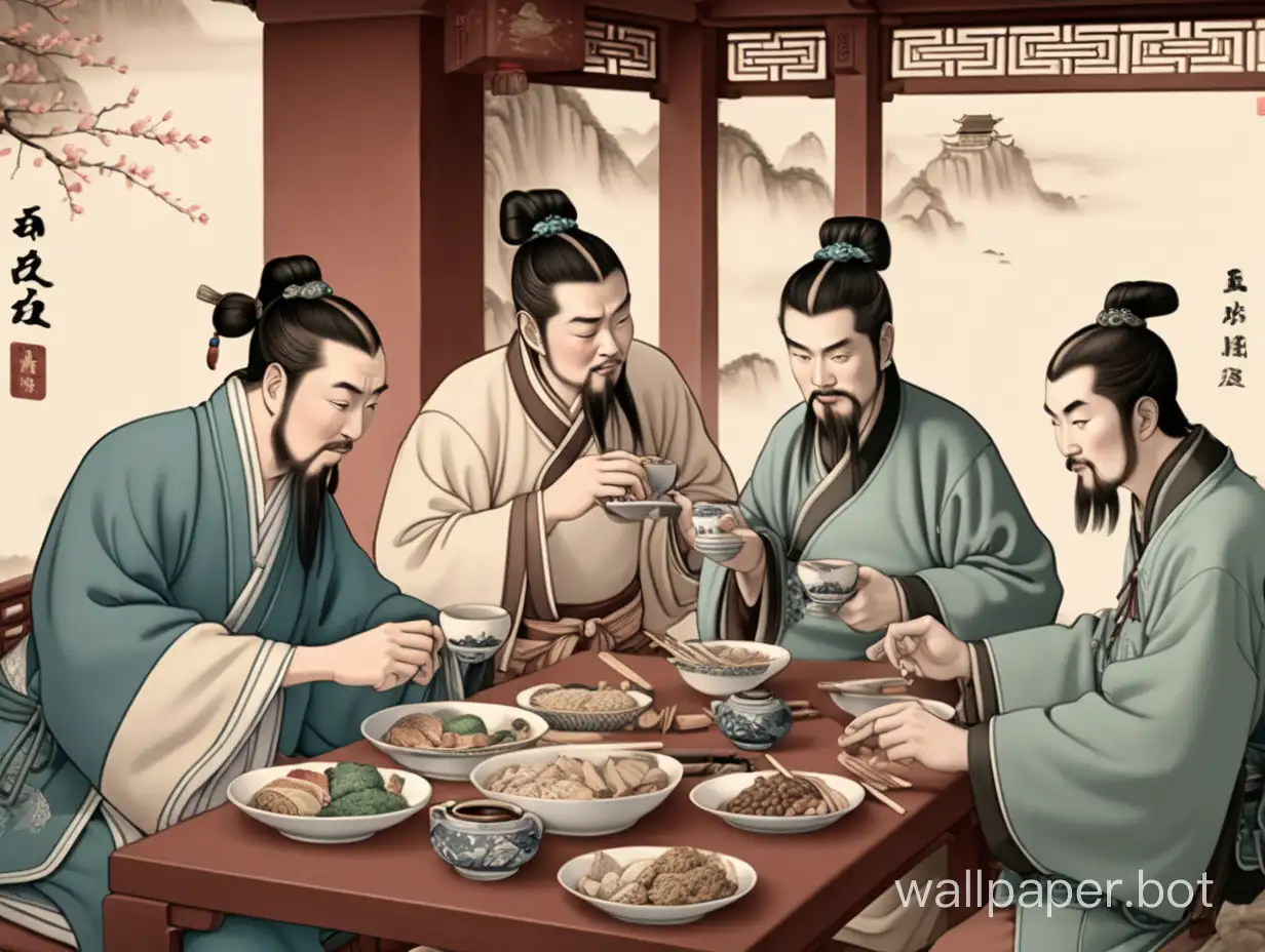 Generate an animated image of ancient China depicting eating, drinking, and leisure activities with three men, in 1080p portrait mode.