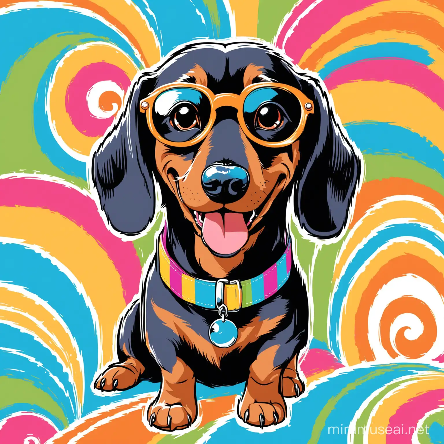 A delightful and vibrant illustration of a retro-styled dachshund, exuding groovy vibes. The dachshund is wearing cool shades, a colorful collar, and a smile capturing its playful spirit. The overall atmosphere is fun, nostalgic, and full of positive energy. For t-shirt design