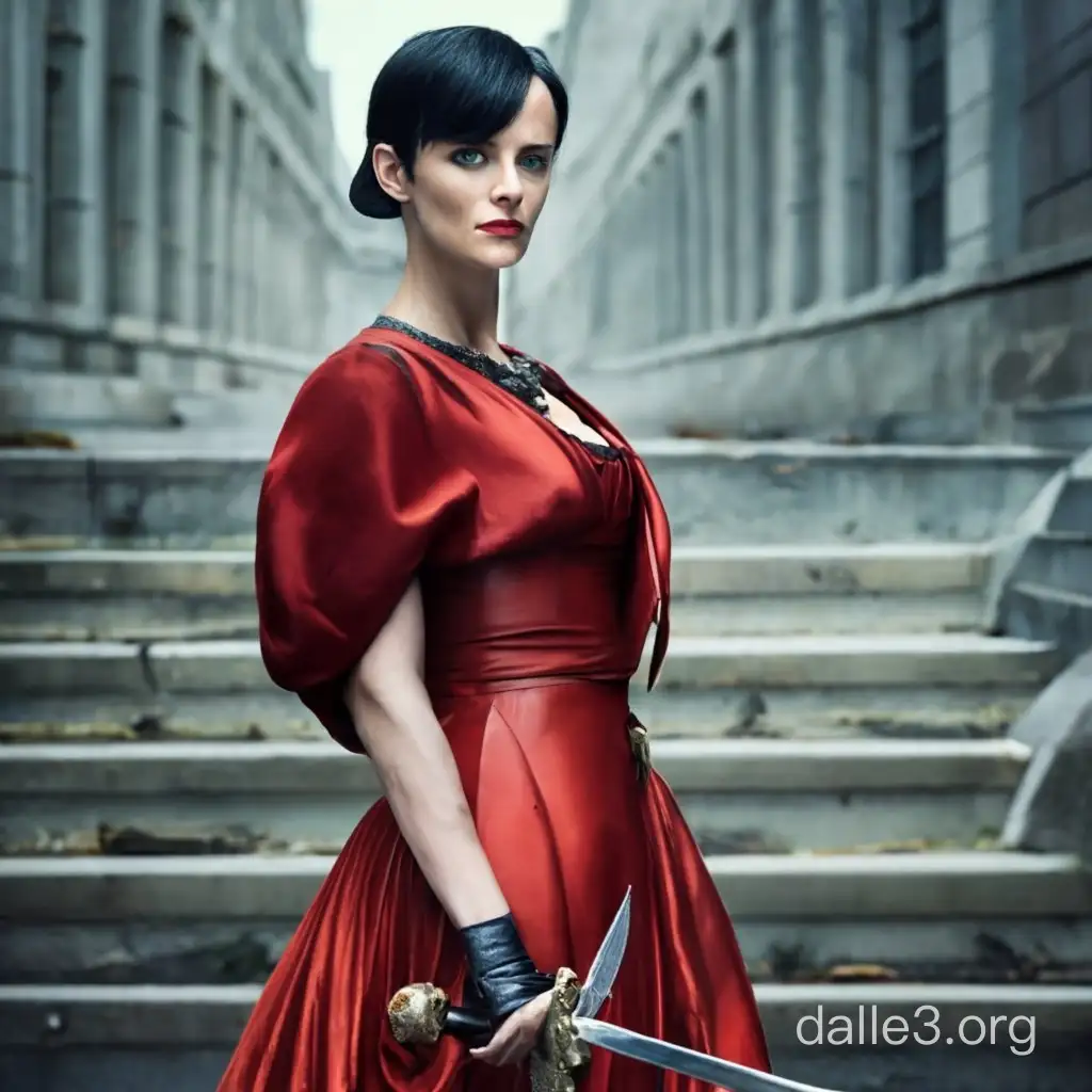 Eva Green Lookalike Warrior with Sword on Gray Paving Slabs | Dalle3 AI