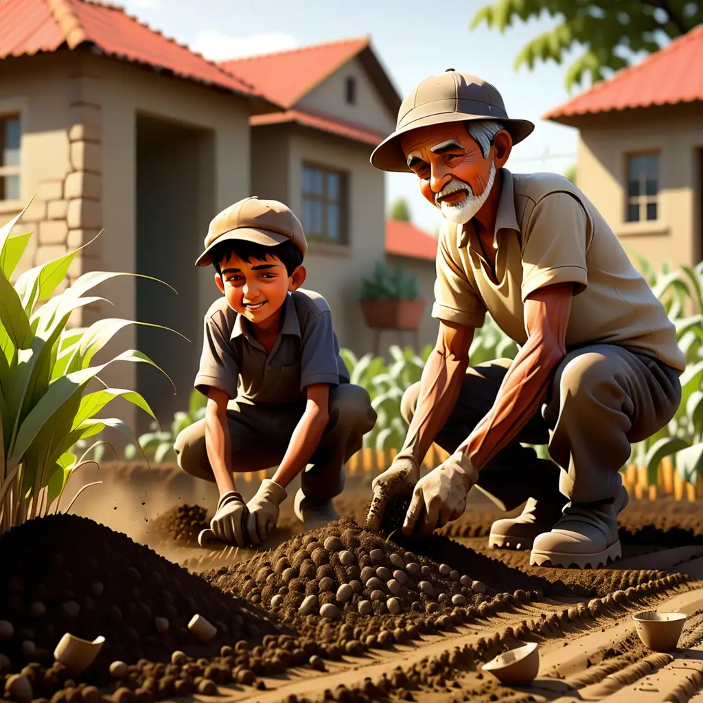  The image depicts a small field where a boy and his grandfather are engaged in the laborious task of preparing the soil for the upcoming sowing season. They can be seen diligently turning the soil, breaking up lumps, and ensuring it is ready to nurture the seeds. Despite the challenging nature of the work, the duo understands its importance in paving the way for a fruitful harvest. Their efforts symbolize the dedication and hard work required in agriculture to reap the rewards of a bountiful harvest in the future. Beautiful and spirited background illustrations.