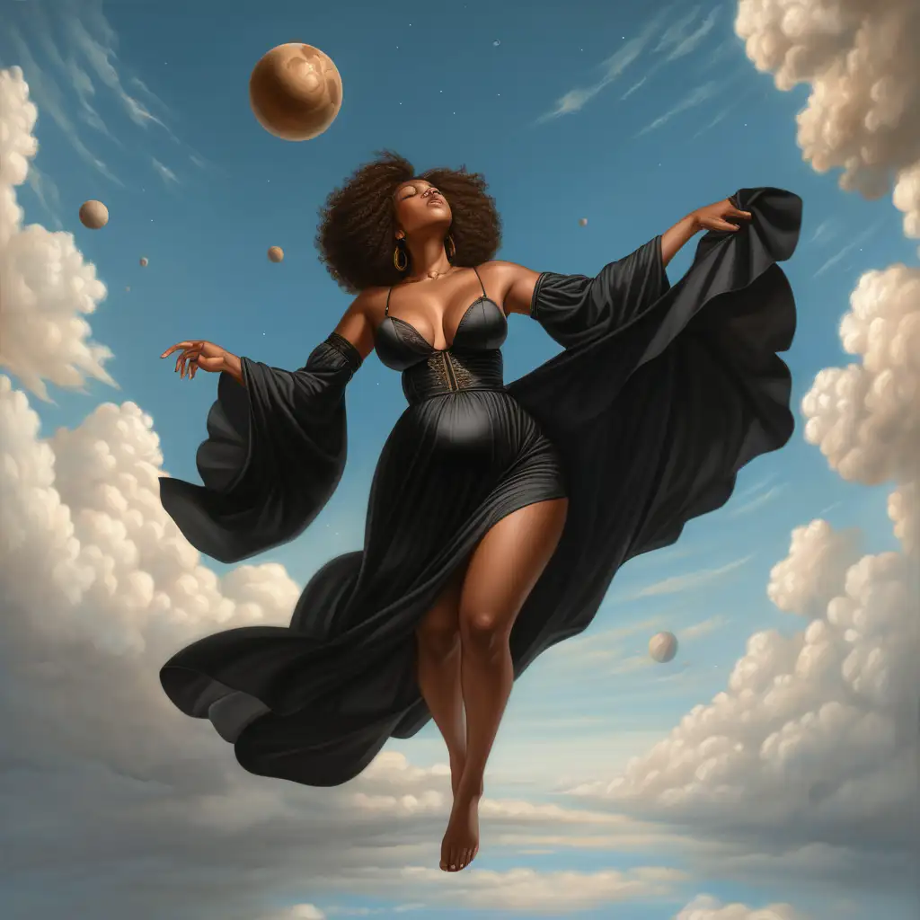 Short brown skin woman, medium size breast, big butt, slim waist, thick thighs, wearing all black dress, floating in sky, Renaissance