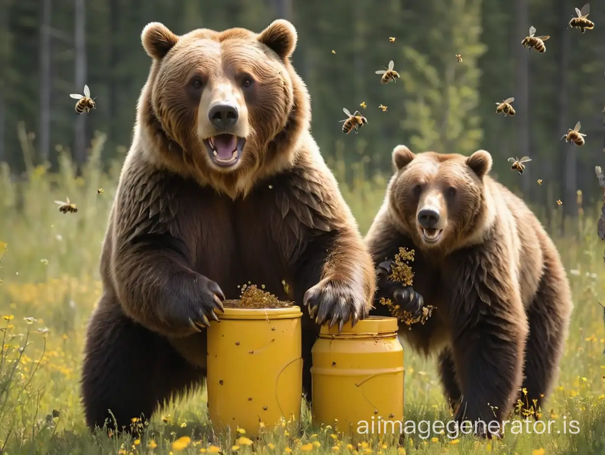 Bees swarming a grizzly bear holding a honey pot
