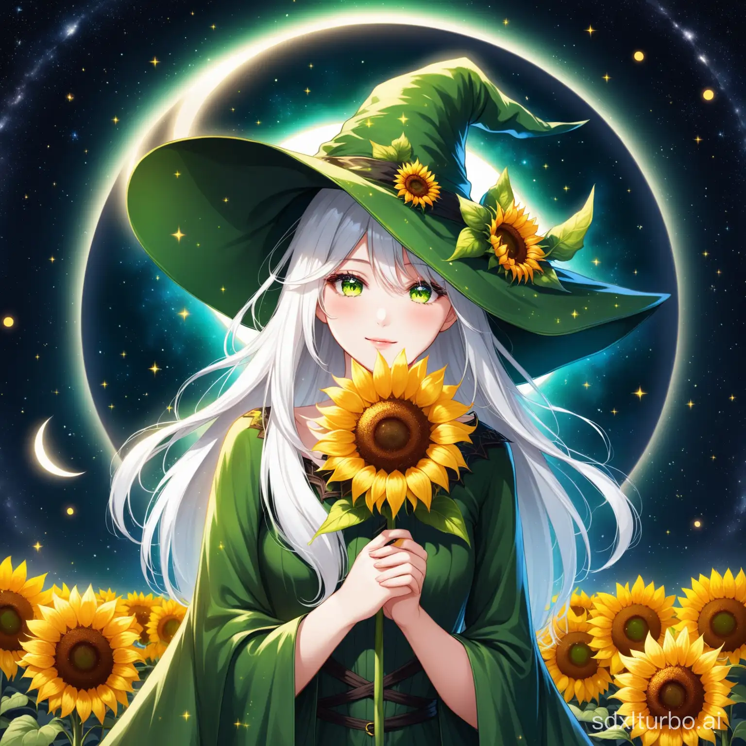Enchanting-Girl-in-Green-Witch-Hat-Against-Eclipse-Sky