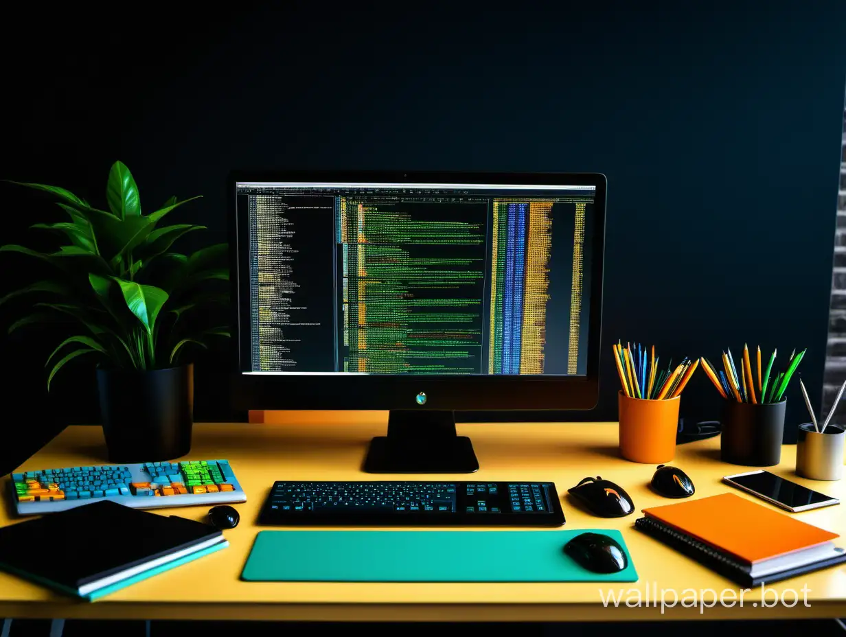 programmer's workplace, colors black, green, blue, orange, yellow