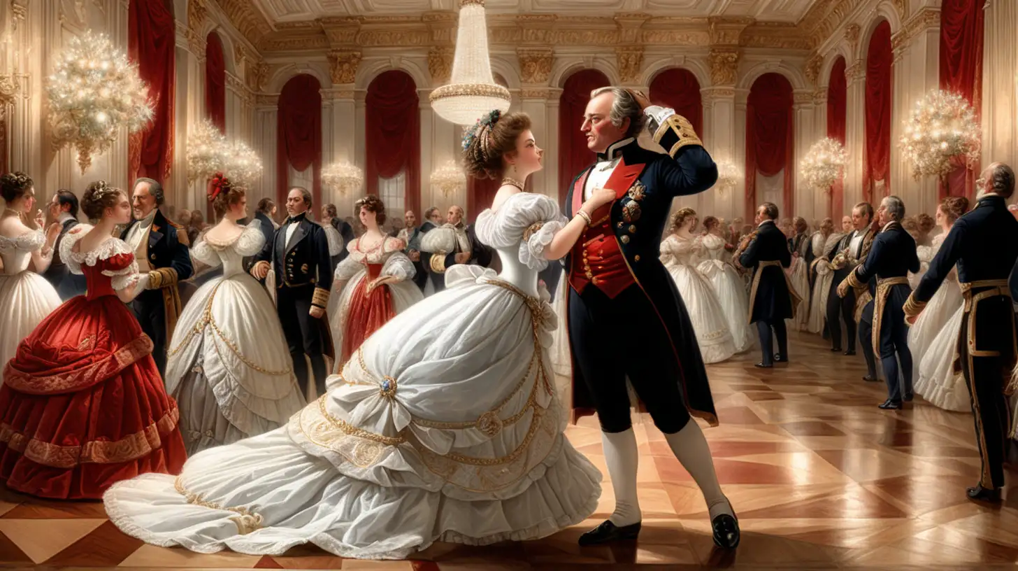 Nineteenth Century Admiral Dancing with Exquisite Lady in Elegant Ballroom