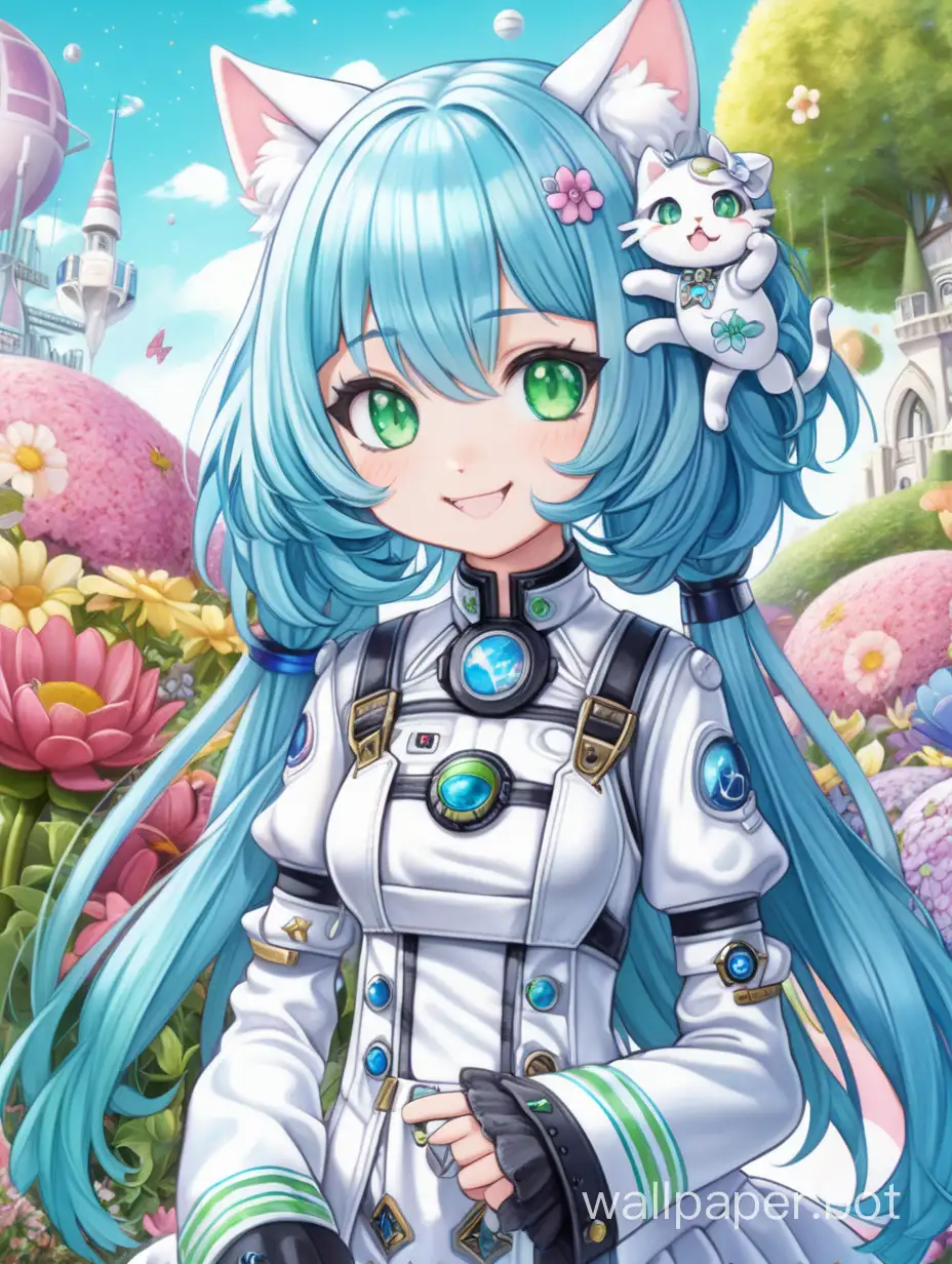 Kawaii-Cat-Girl-with-Blue-Hair-Smiling-in-Gothic-Costume-at-Space-Port-Flower-Garden