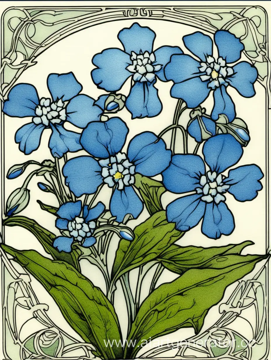 Blue Myosotis Floral Illustration, Art Nouveau, pen and ink,