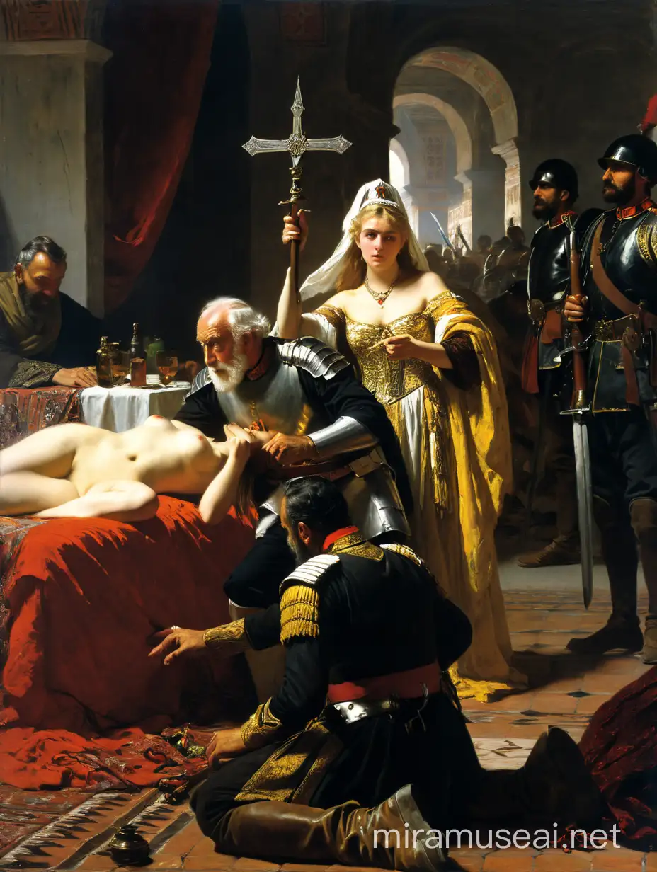Dramatic Painting of a Wounded Blonde General Protected by an Old Man in Armor