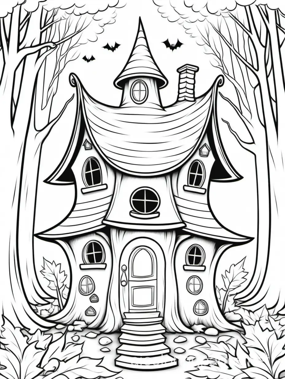 witches house in a forest
 detail

, Coloring Page, black and white, line art, white background, Simplicity, Ample White Space. The background of the coloring page is plain white to make it easy for young children to color within the lines. The outlines of all the subjects are easy to distinguish, making it simple for kids to color without too much difficulty