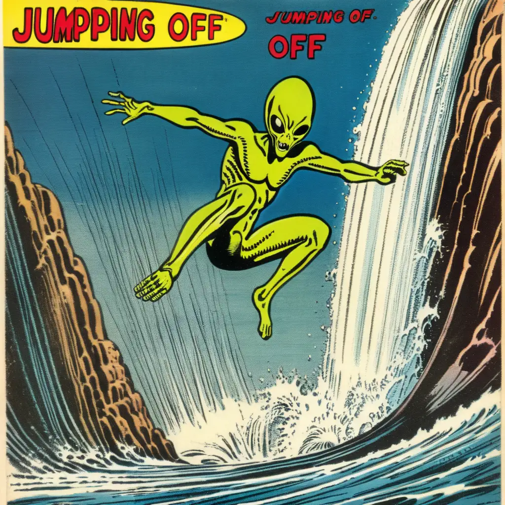 [a surfer alien jumping from a waterfall] 
[album title "jumping off"]
[location: outer space]
[in the style of 60s comic book art]