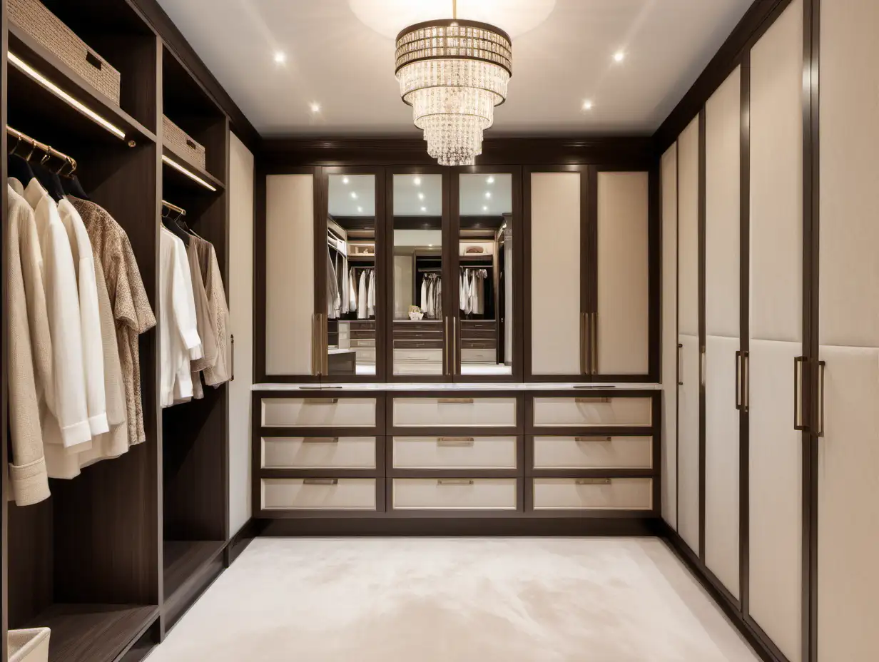 Luxurious Beige Shaker Style Wardrobes with Dark Wood Island and Crystal Pendant Lights