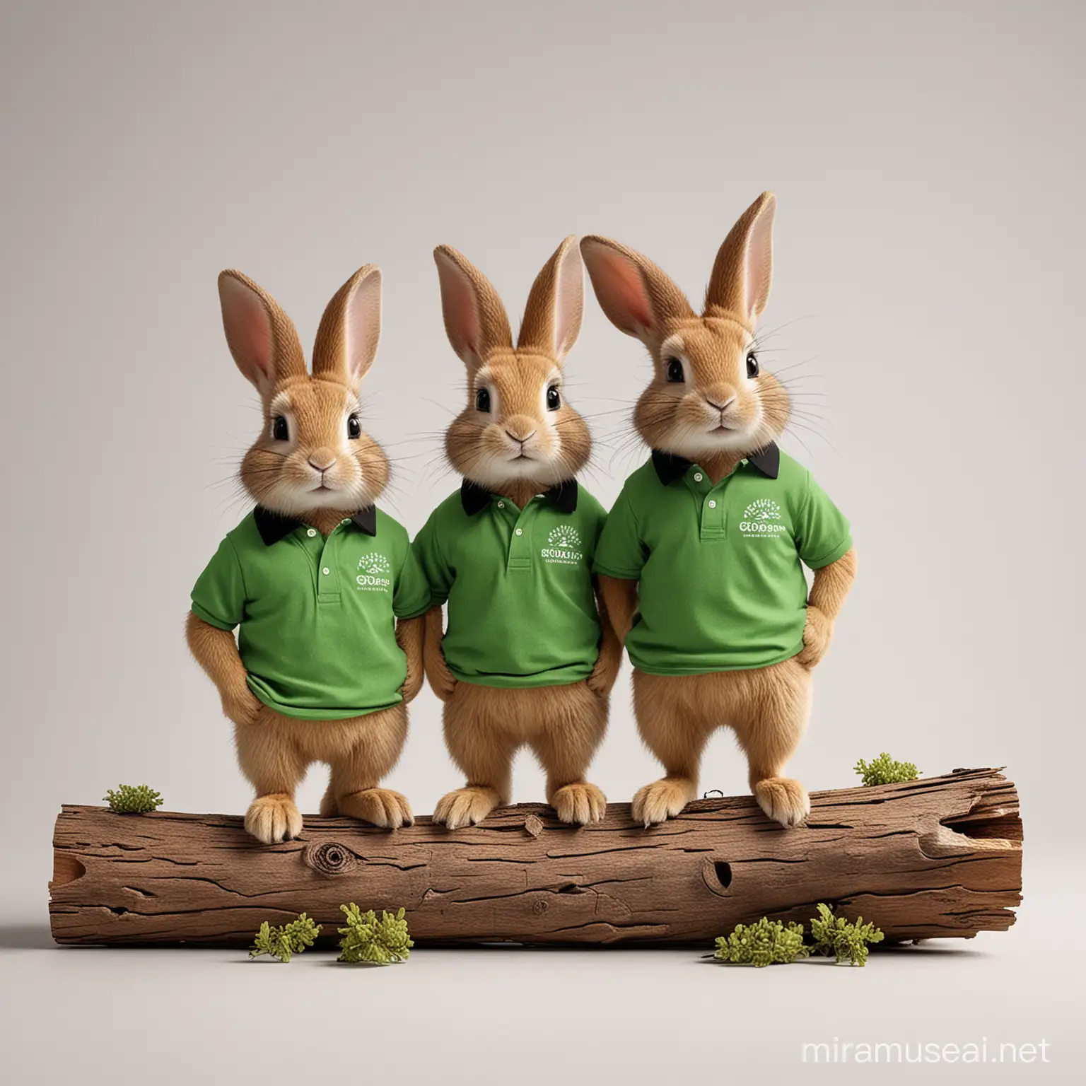 Group of Rabbits in Green Polo Shirts Amidst Forest Logs with Space for Logo and Headline