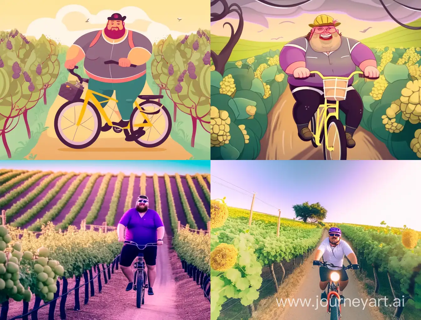happy fat cyclist riding his bike through the vineyard without holding on to the handlebars.