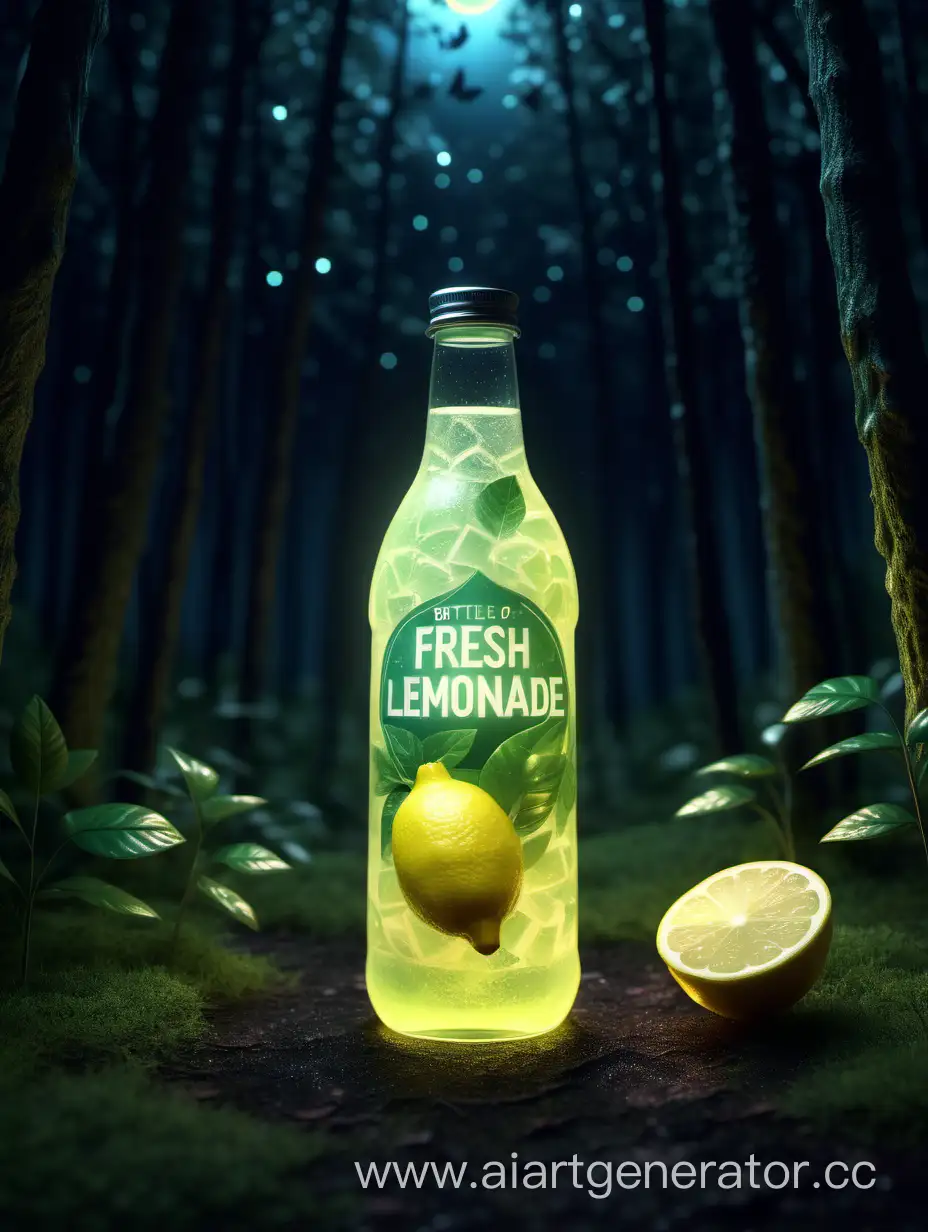 bottle of fresh lemonade standing in the middle, advertising, night fairy realistic forest, redshift render, a small luminous